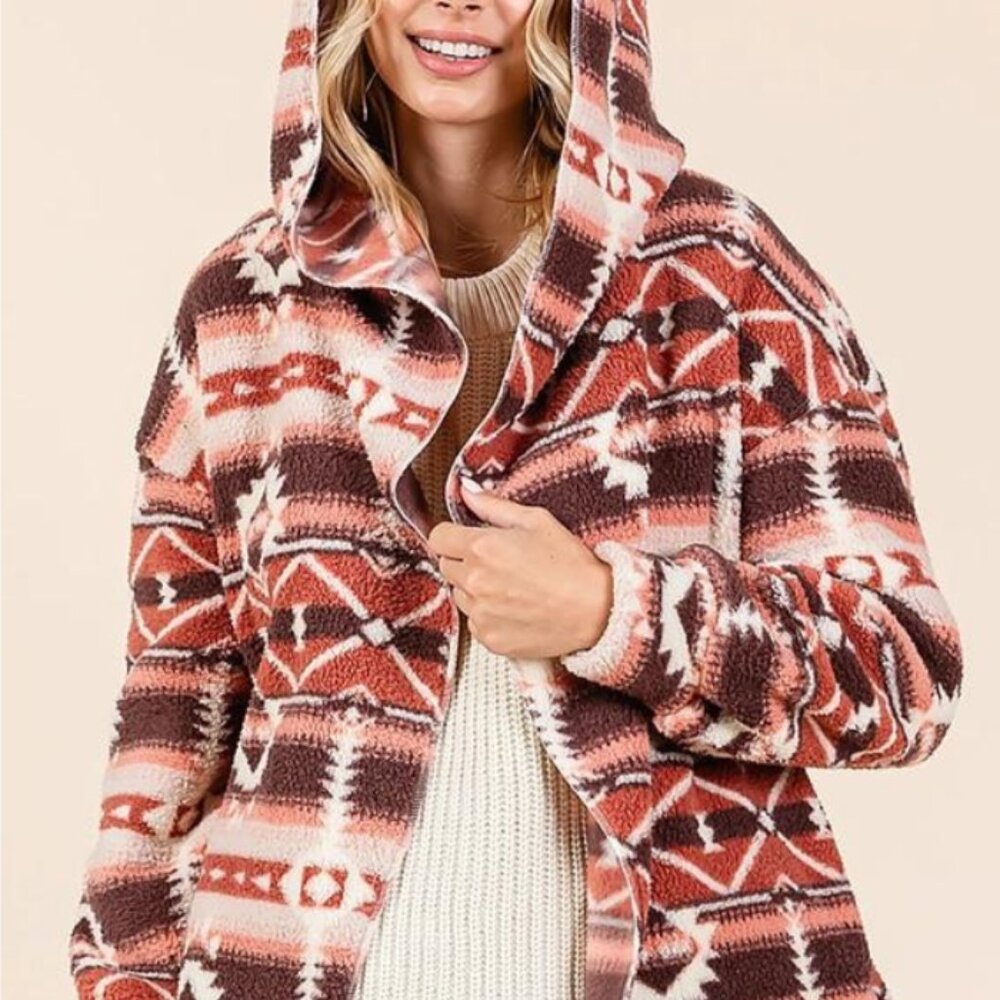 Aztec Tribal Print Hooded Oversize Fleece Jacket
